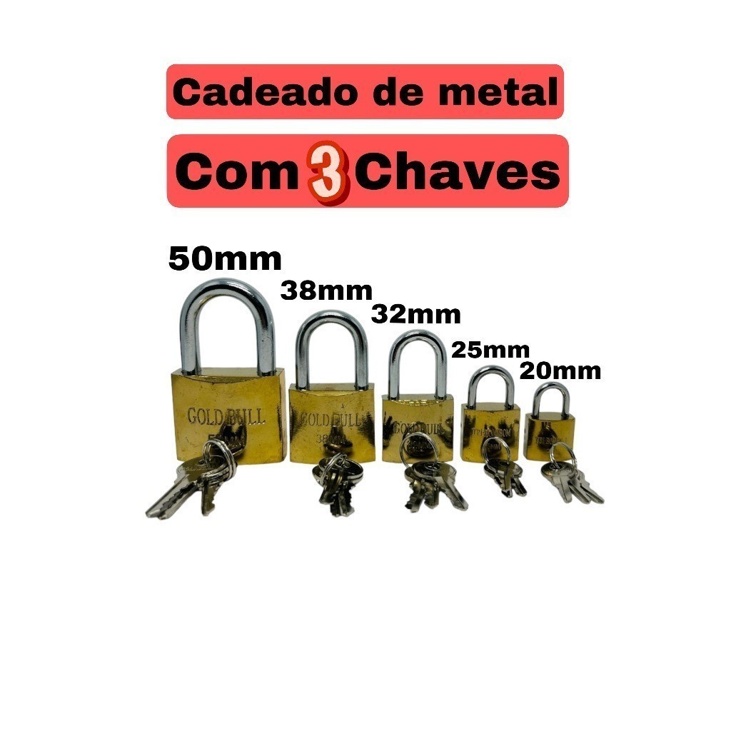 01 Unidade De Cadeado Com 3 Chaves Diversos Tamanhos 20x25x32x38x50mm