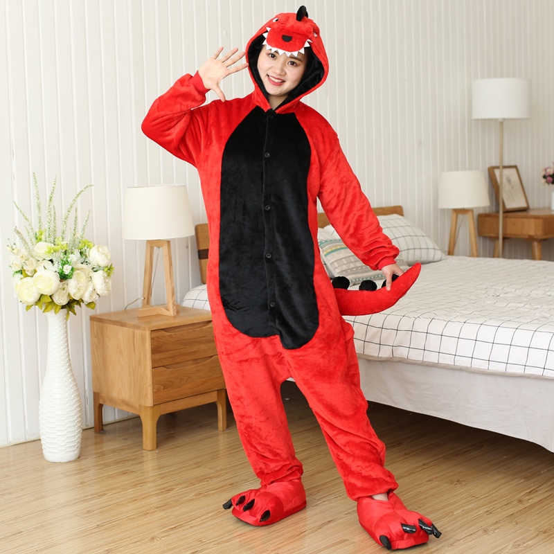 Dinossauro Vermelho Flanela Pijama Adultos Kigurumi Onesies Pijamas Mulheres Homens Animal Trajes Cosplay Ternos Homewear