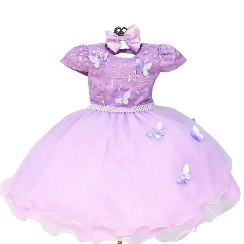 Vestido Jardim Encantado com Borboletas Realeza Festa Luxo Infantil Lilás com Tiara