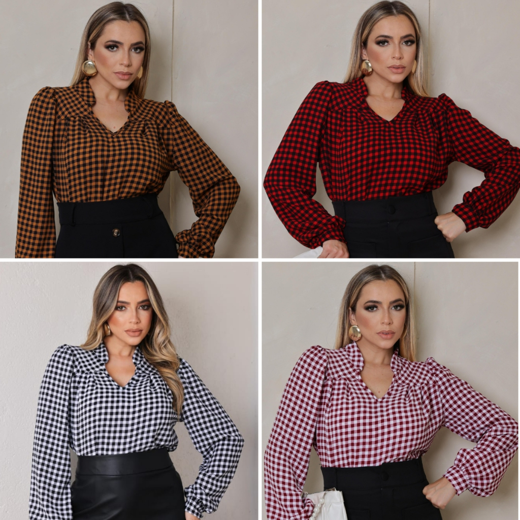 Blusa Xadrez Feminina Manga Longa Bufante Gola V