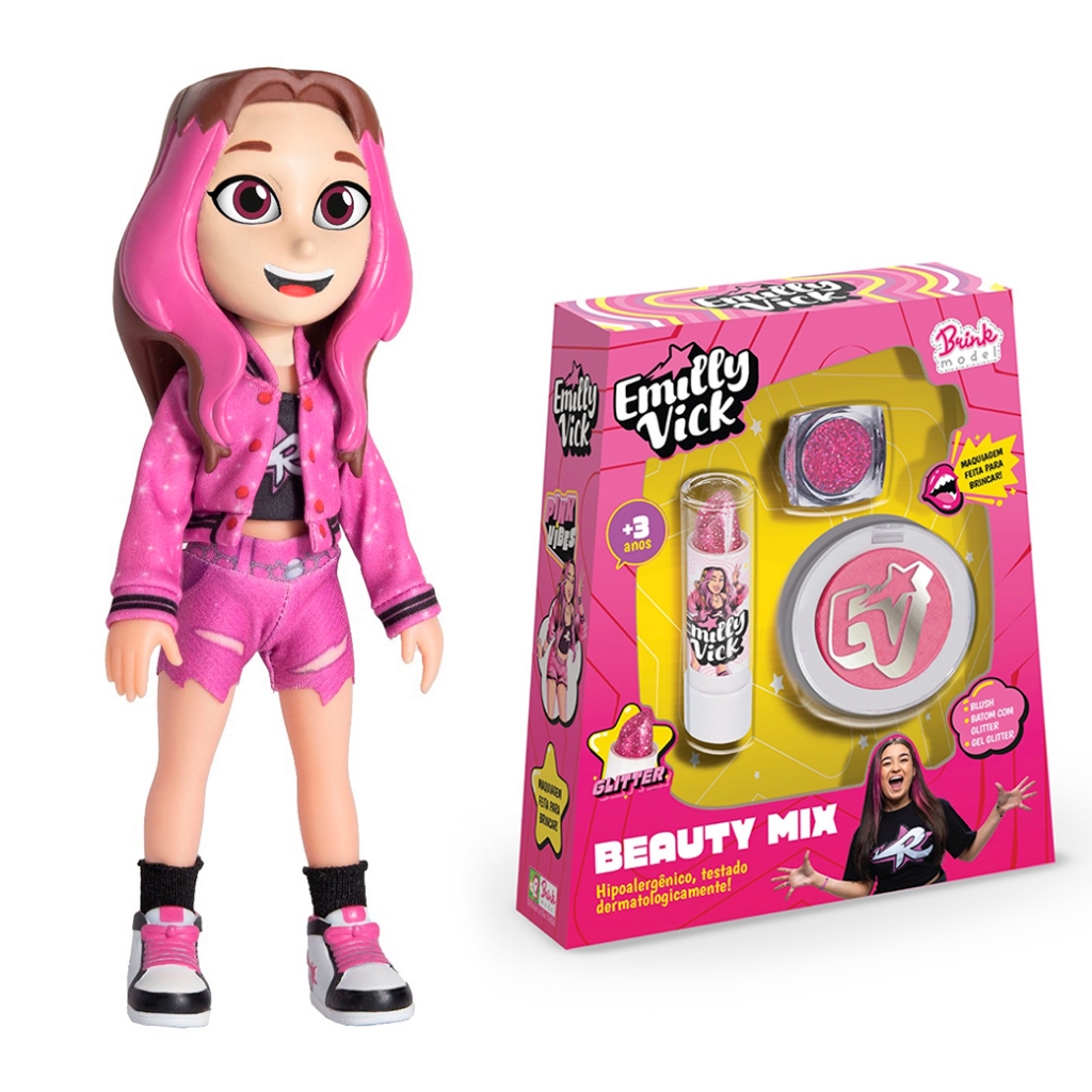 Kit Boneca Emilly Vick + Maquiagem Beauty Mix Dos Rosa - Baby Brink