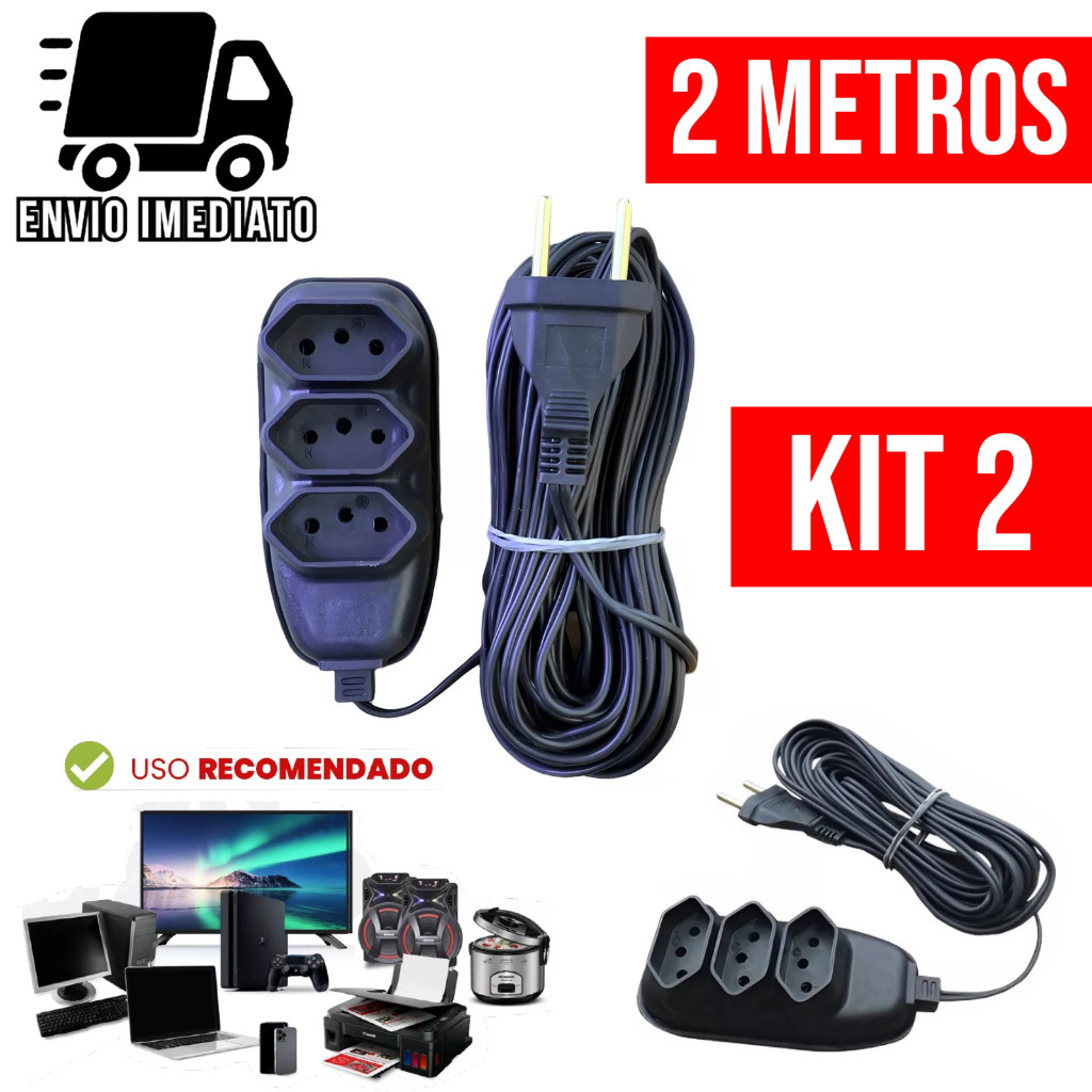 Kit 2 Extensão Elétrica 2 Metros Bivolt com 3 Tomadas 110v 220v Tripolar Alexa Compacta