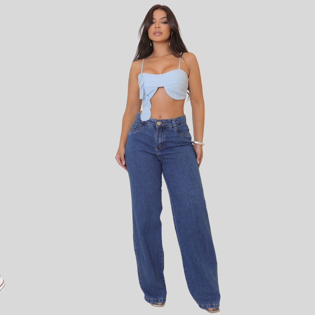 Calça Jeans Wide Leg Feminina Cintura Alta Pantalona 100% Algodão Stillger Destroyed