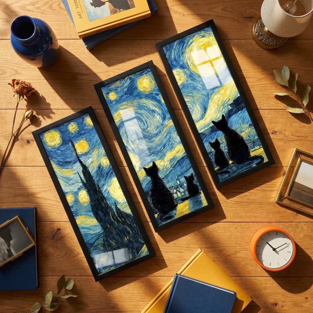Kit 3 Quadros Decorativos 18x45 cm Gatos Noite Estrelada Arte Moldura Vidro Sala Escritório Van Gogh