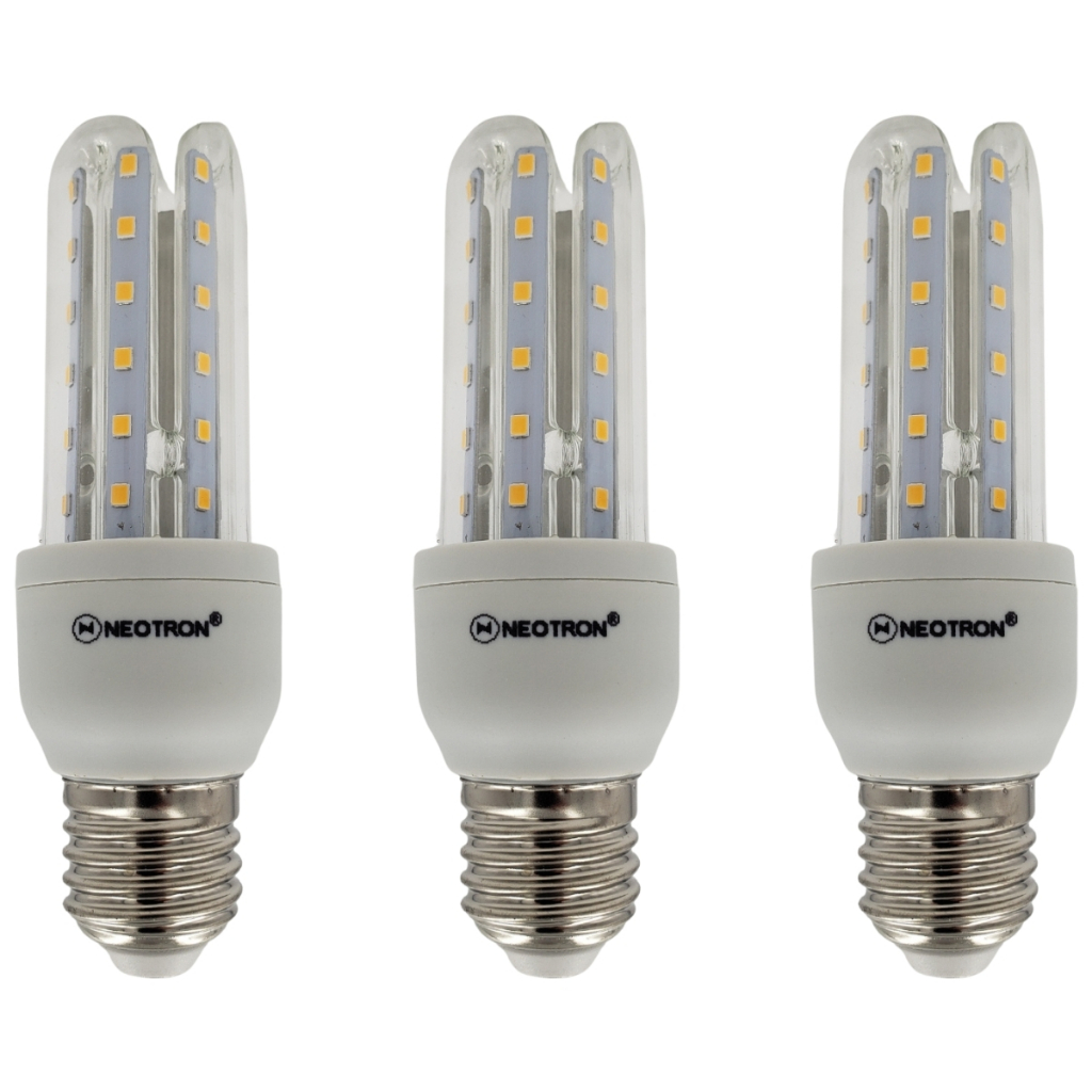 KIT 3 Lâmpadas LED Compacta 7W 3000K Luz Amarela Branca Quente Bivolt 110/220V 3U E27 NEOTRON 630 Lúmens - Decorativa Cozinha Casa Residencial Soquete Padrão Luminária Compacta Espiga Milho Formato U