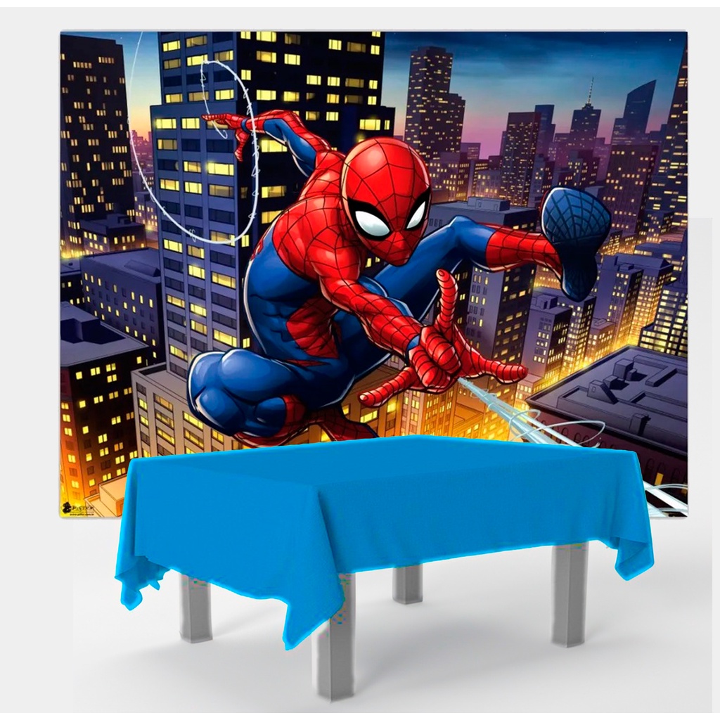 Kit festa Homem Aranha Decoração Painel GG + Toalha Azul TNT