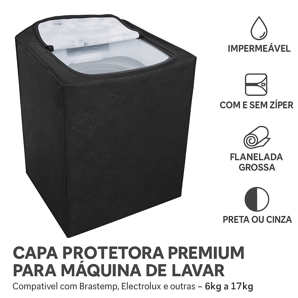 Capa para Maquina de Lavar 12kg 13kg 14kg 15kg 16kg 17 kg Preta e Cinza Todas as Marcas