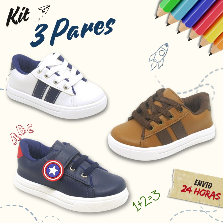 Kit 3 pares de tênis infantil calce fácil masculino estiloso e confortável