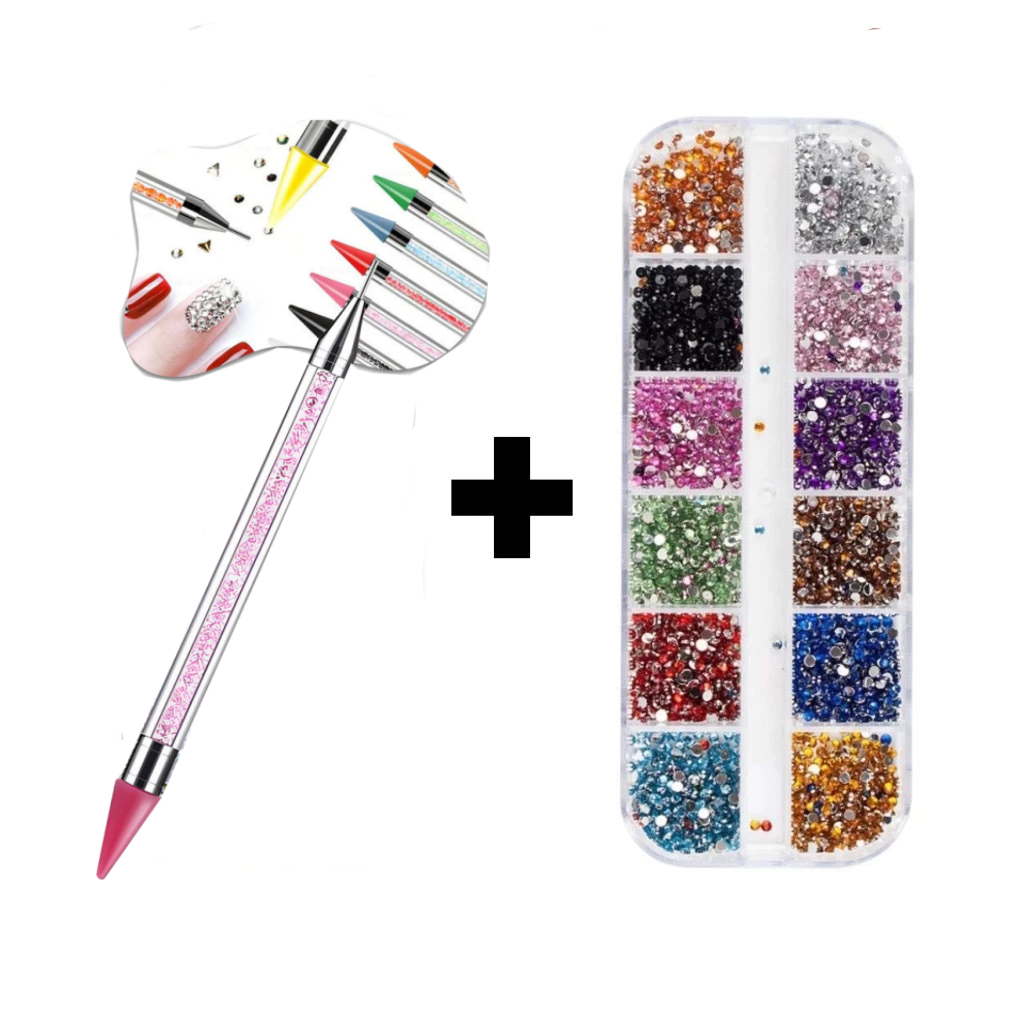 kit com Estojo Kit Strass colorido +  Caneta Pega Strass