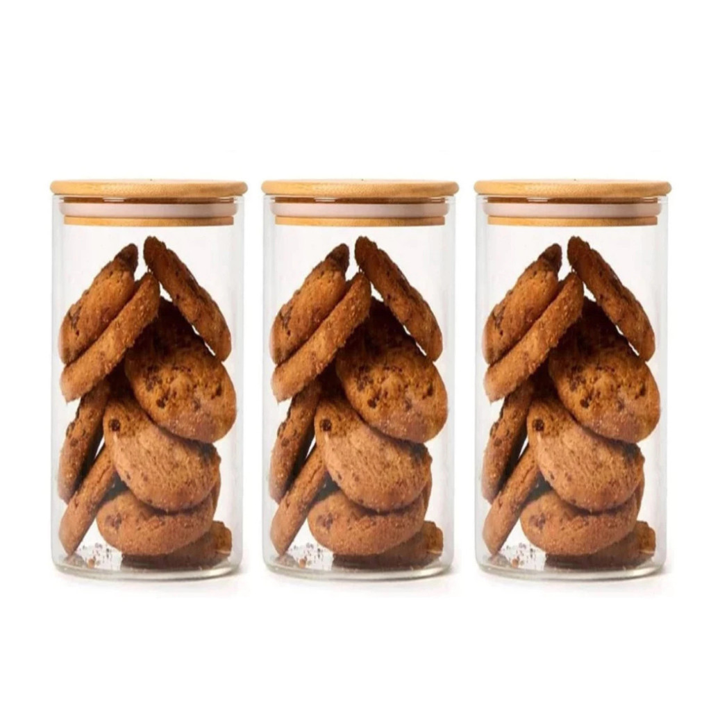 Kit 3 Potes De Vidro Mantimentos 950ml Com Tampa De Bambu