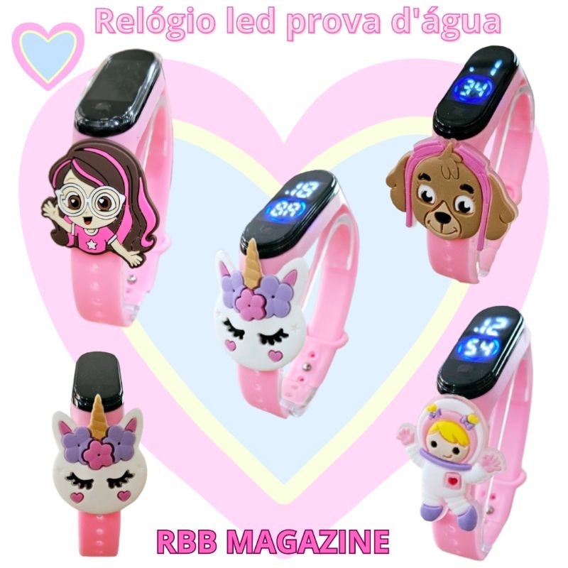 Relógio LED à Prova Dágua para Meninas luluca, unicórnio,  Maria clara, skie led infantil prova dagua