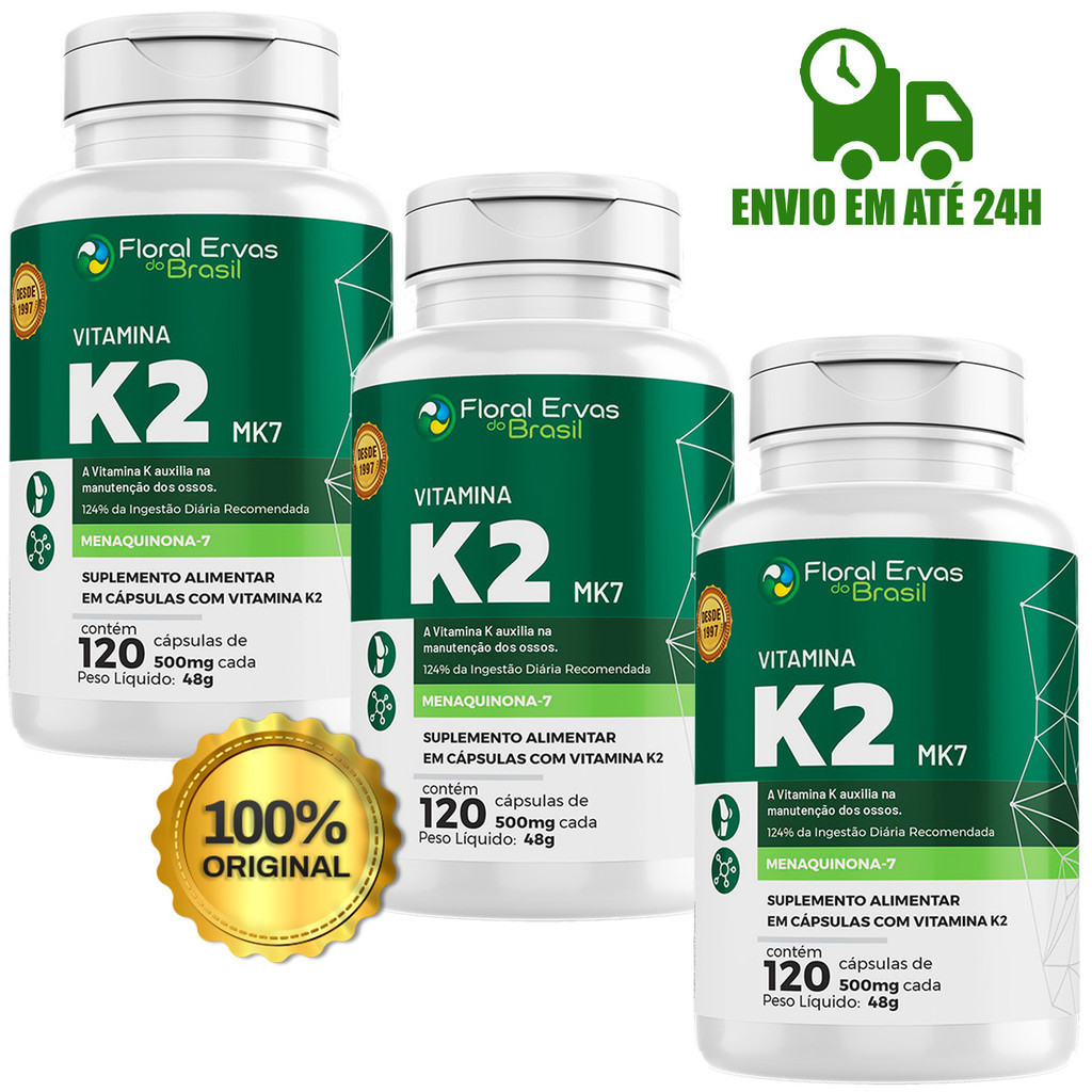 Kit Com 3x Vitamina K2 500mg MK7 Menaquinona -7 Floral Ervas