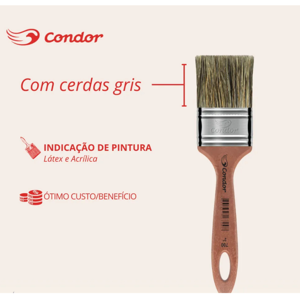Trincha/Pincel Condor Ref.700 (Cerdas Gris - Látex e Acrílica) - UNIDADE