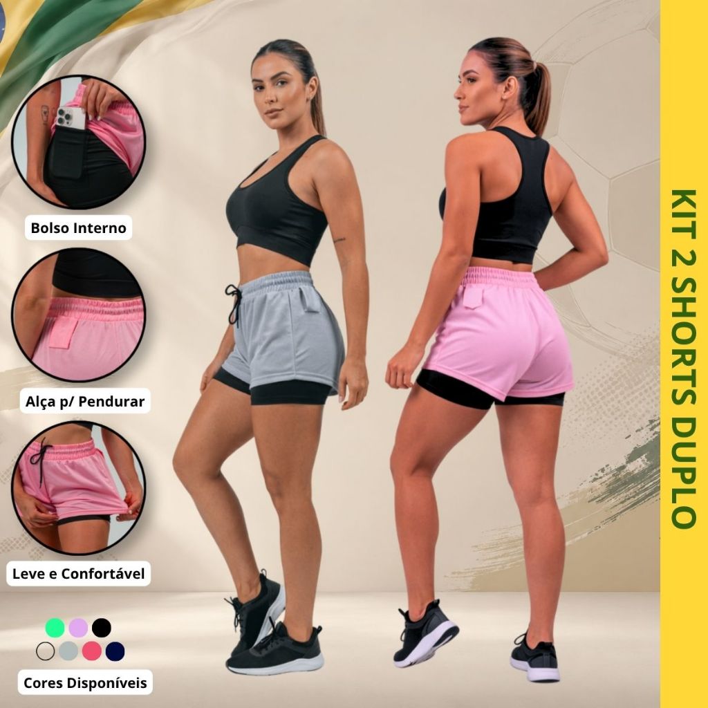 KIT 2 SHORT DUPLO FEMININO FITNESS DRY FIT Poliéster Academia Corrida Com Bolso e Alça Toalha