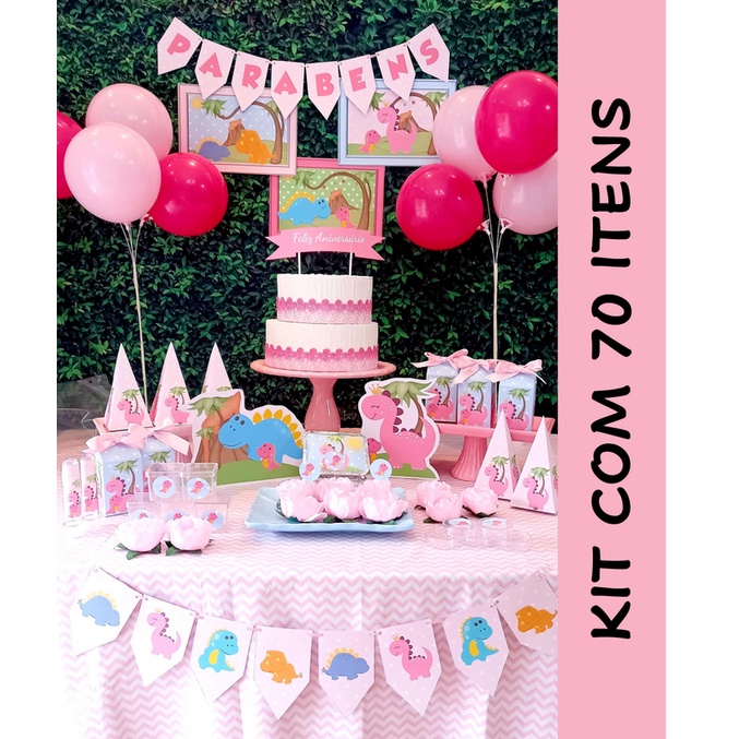Dinossauro Baby Cute Menina Rosa Kit so um bolinho 70 itens