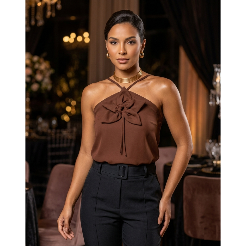 Blusa Soltinha Feminina Com Aplicação De Flor Alça Social Bata