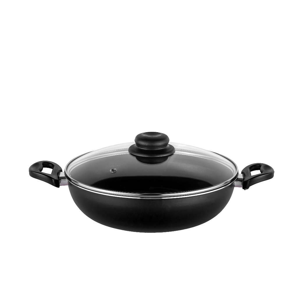 Frigideira Wok Antiaderente Grande 30 cm Funda Grossa Tampa de Vidro