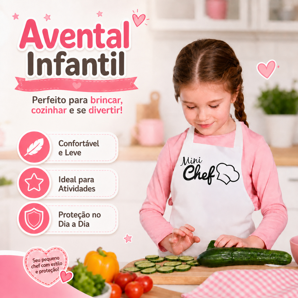 Avental Infantil Vida Pratika Mini Chef Branco Criança Cozinha Brincar Presente Fofo Menina Menino .