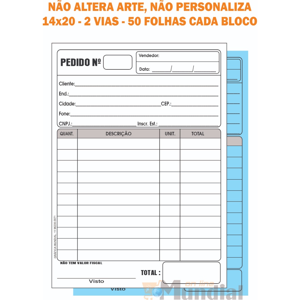 02 Talões Pedido 14x20 Papel Copiativo 2 vias 50 folhas cada bloco Leia a Descrição Papelaria