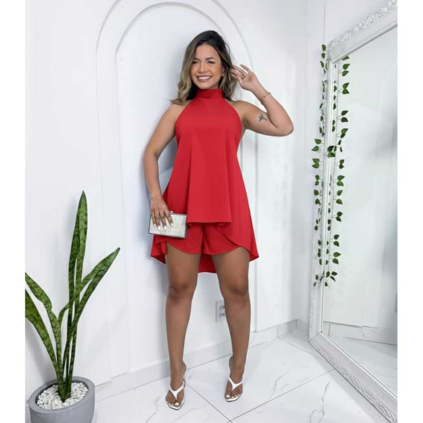 Conjunto feminino Crepe Frente Única Estilo Vestido Com Decote nas Costas pro Verão