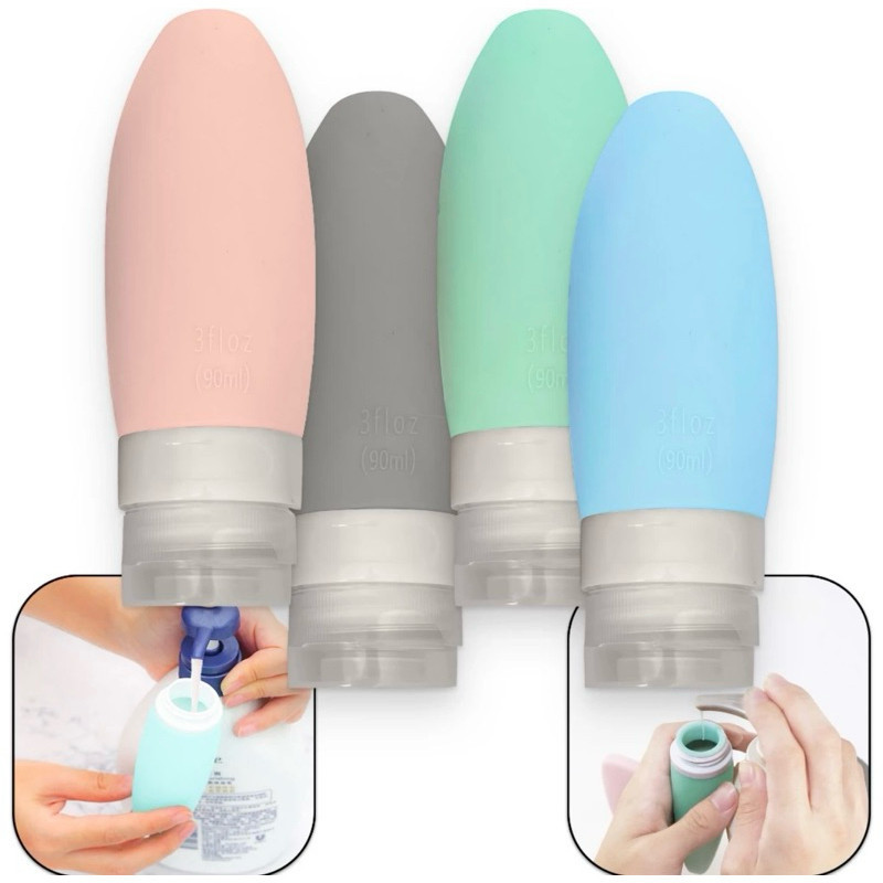 Kit Viagem 4 Frascos Silicone Pote 90ml Porta Creme Shampoo Perfume Loção Corporal Sabonete Líquido BEAUTY BEAUTY