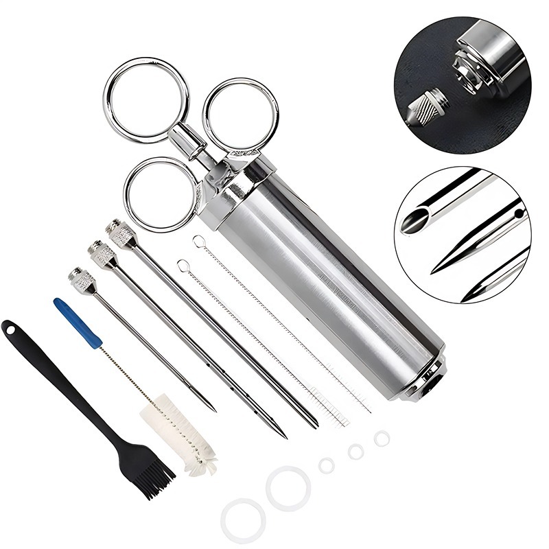 Seringa Culinária Injetora p/ Carne Frango, Aço Inox, Agulha Inclusa, Completa c/ Acessórios