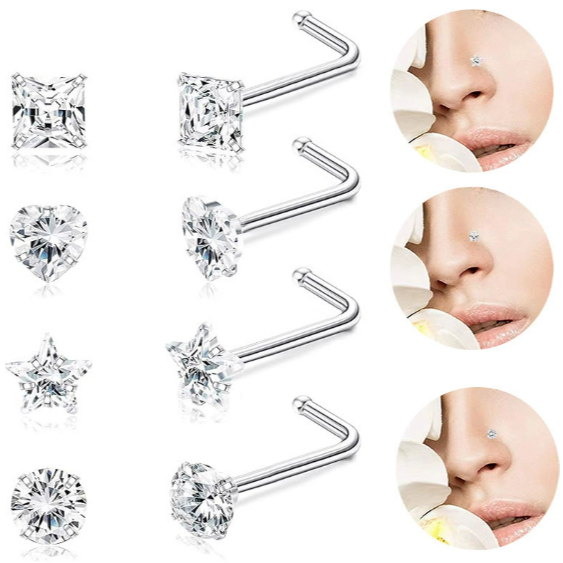 Conjunto de 2 Peças de Piercing de Nariz em Aço Cirúrgico com Strass