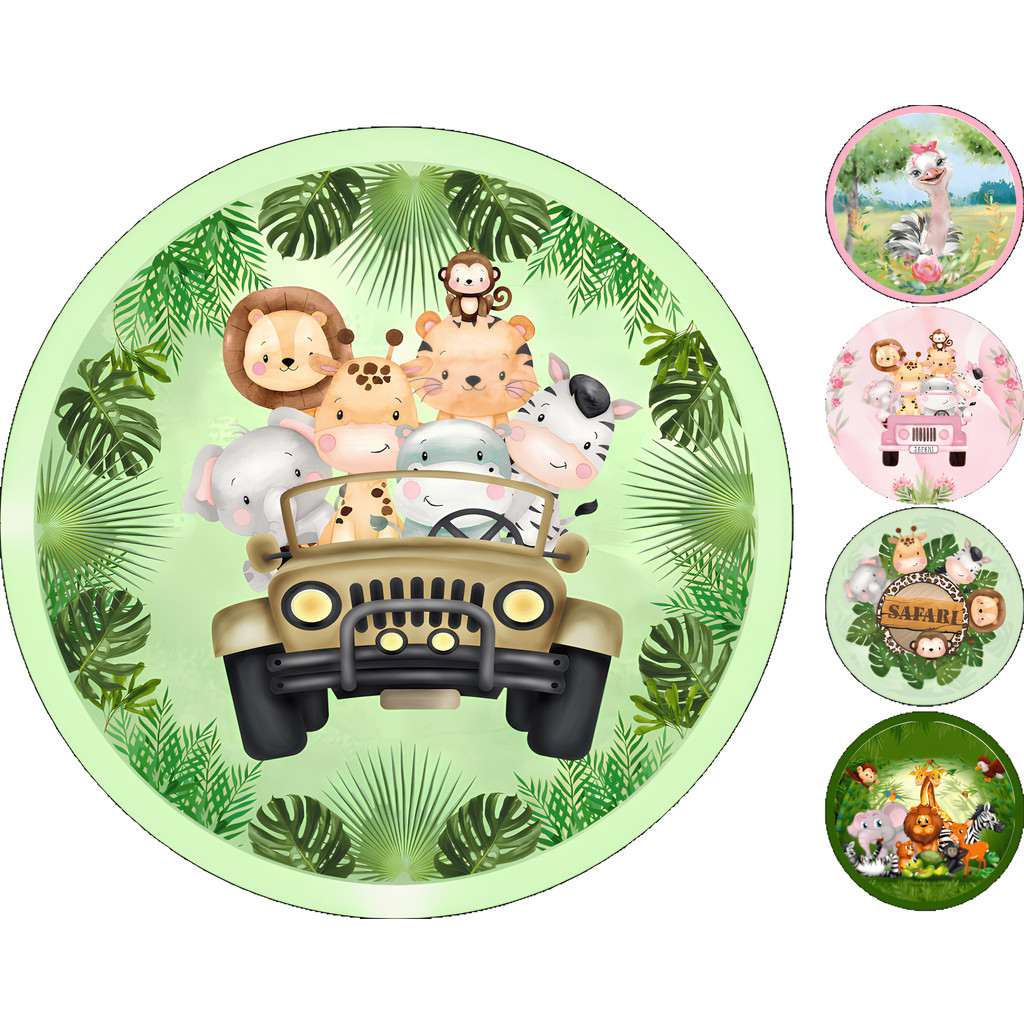 Capa de Painel de Festa Redondo Safari Baby Infantil em Tecido Sublimado 1,50x1,50m