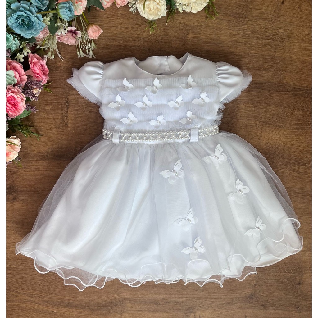 Vestido festa infantil branco batizado daminha luxo princesa Rn a 3 anos