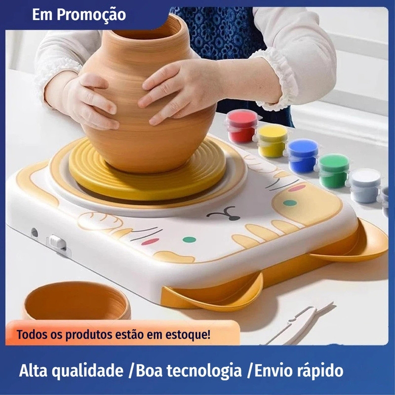 Roda de Cerâmica Elétrica Infantil - Kit 4 argilas, ferramentas e tintas, DIY iniciantes, educação STEAM