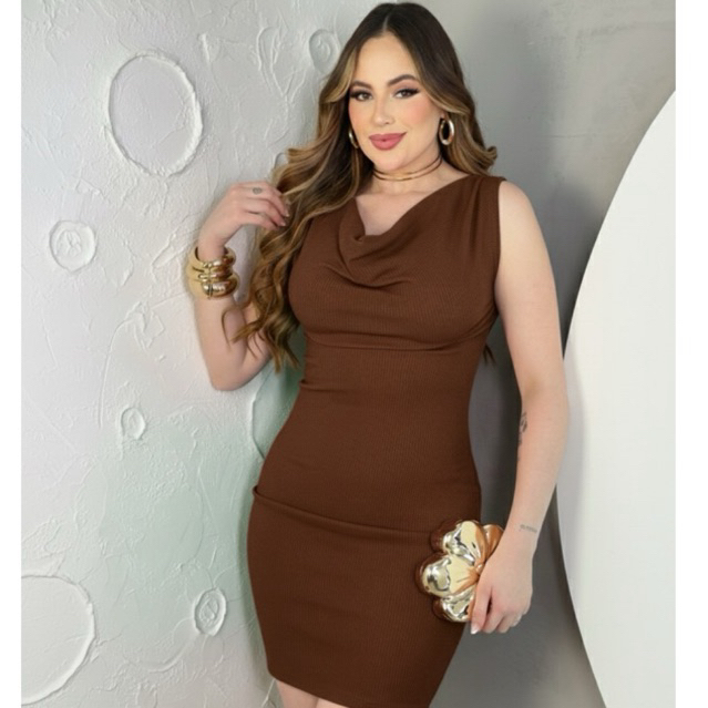 Vestido Feminino Elegante Gola Boba Drapeado Vestido Mídi Anarruga Premium Vestido Zero Transparência