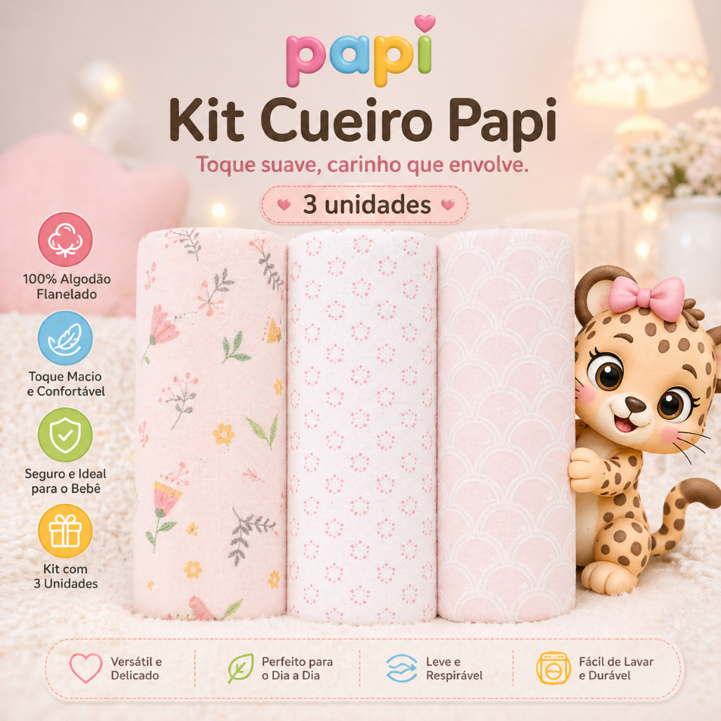CUEIRO FLANELADO MANTA CHARUTINHO COMPOSE ESTAMPADO KIT C/03 UN -ACABAMENTO OVERLOCK BEBÊ PAPI