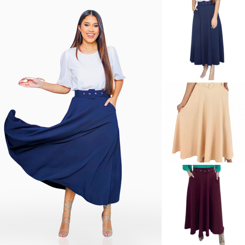 Saia Longa Feminina Godê com Cinto e Bolso – Moda Elegante e Confortável | Tendência 2025