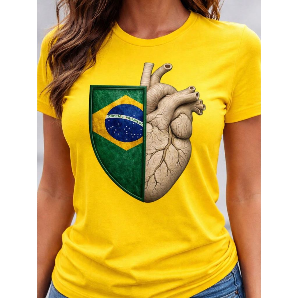 Camiseta Blusa Feminina brasil copa 100% Algodão Premium  Meio Coração Time