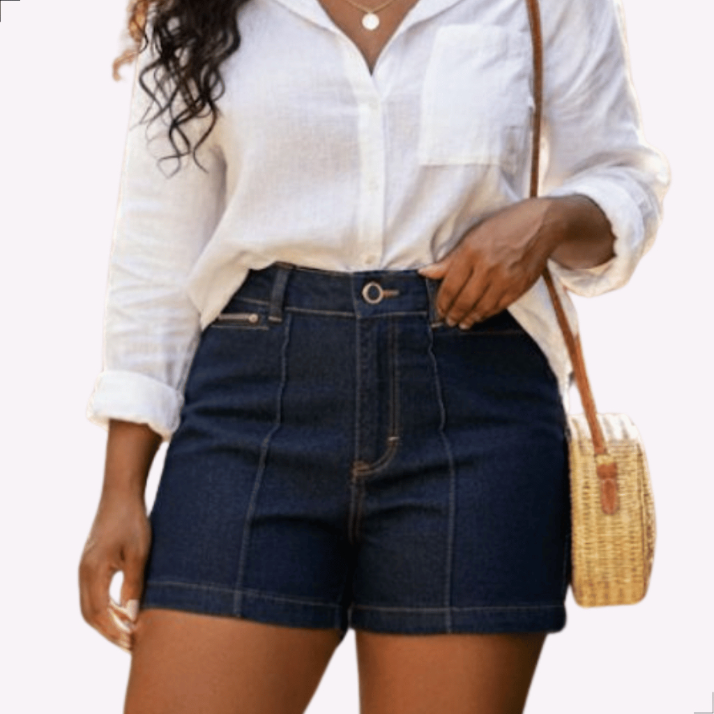 Short Jeans Feminino Cintura Alta com Lycra Levanta Bumbum Acabamento Super Conforto