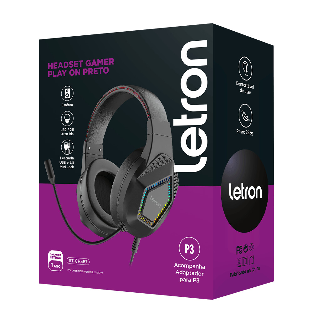 Headset Fone De Ouvido Gamer Play ON LED RGB Arco-Íris