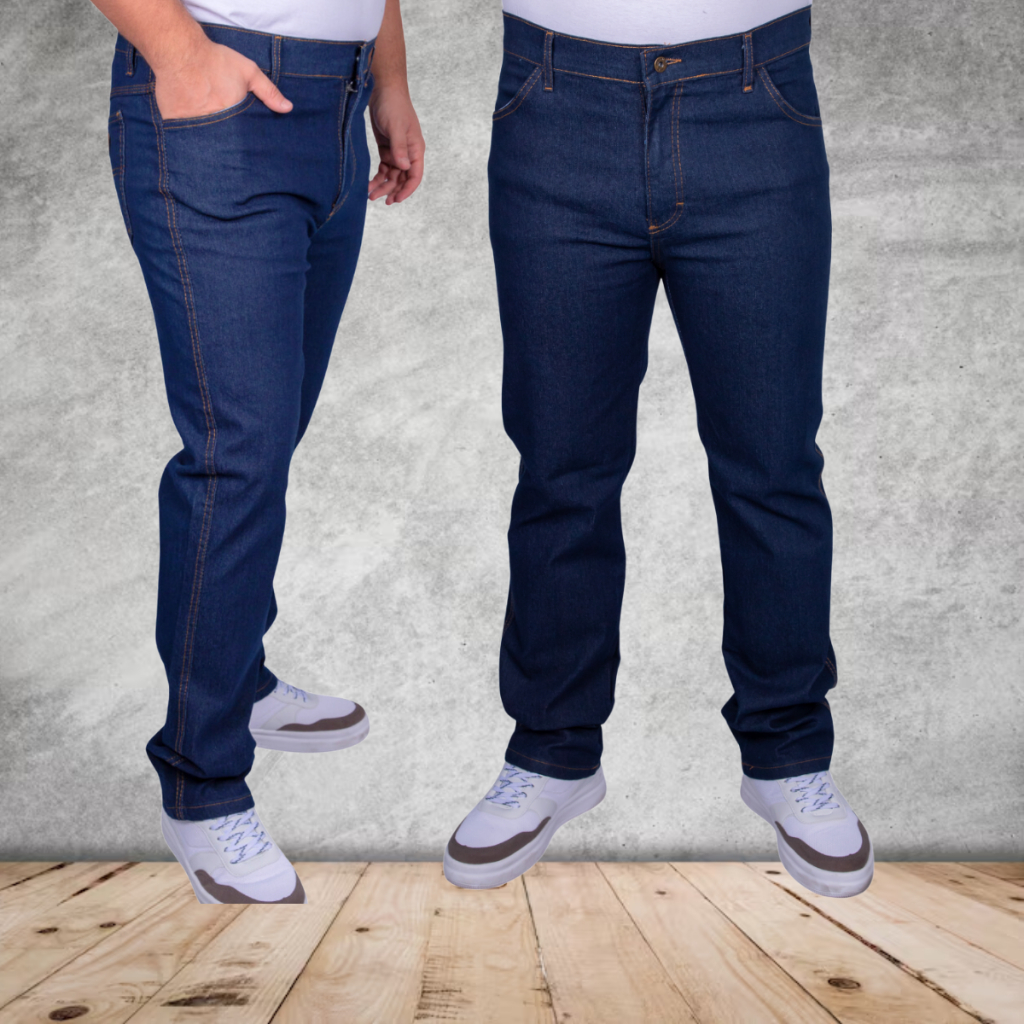 Kit 2 Calças Jeans Masculina para Trabalho 36 ao 56 com Elastano Azul Escuro e Preta