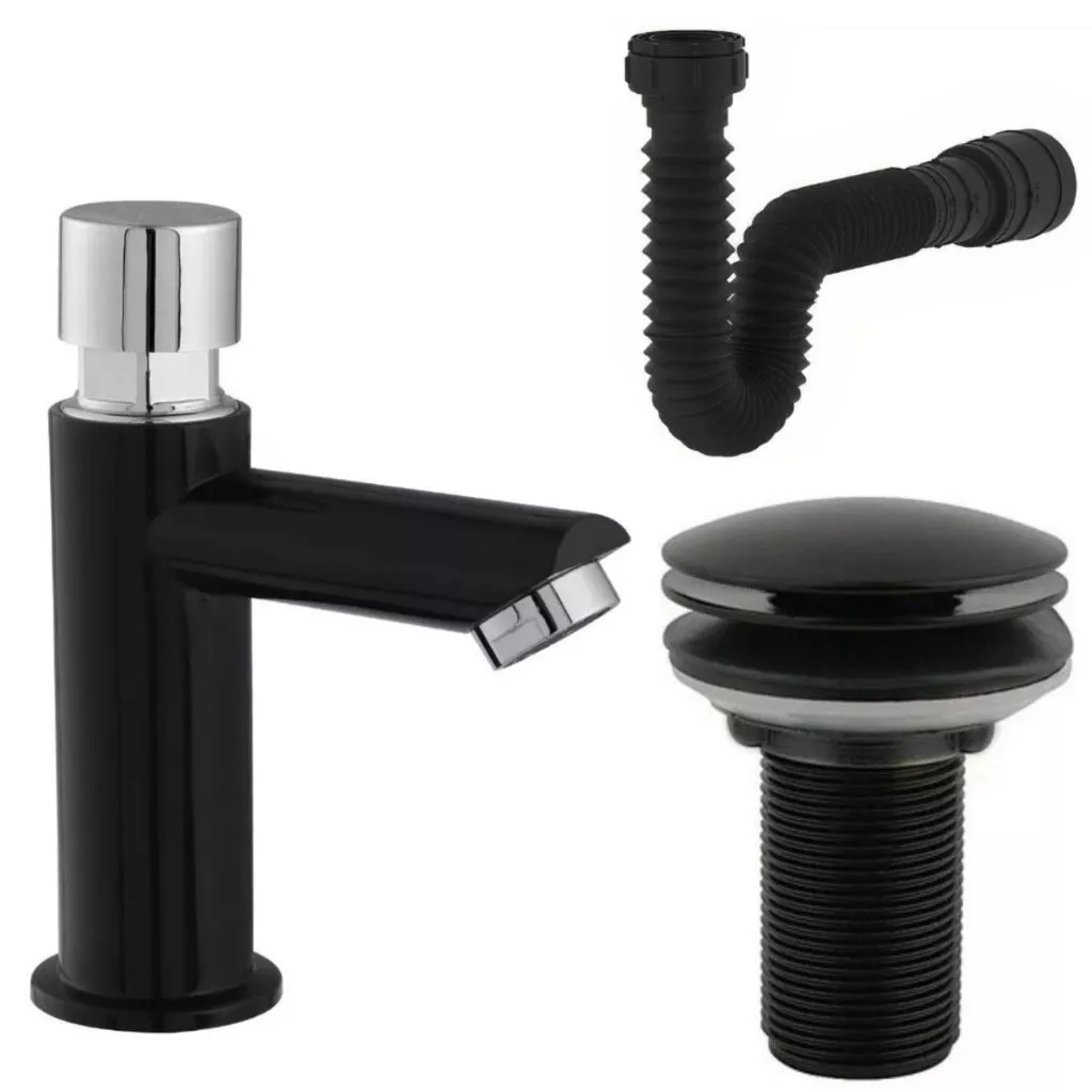 Kit Banheiro Luxo Preto – Torneira Automática Bica Alta + Válvula Click 7/8 + Sifão Universal ABS