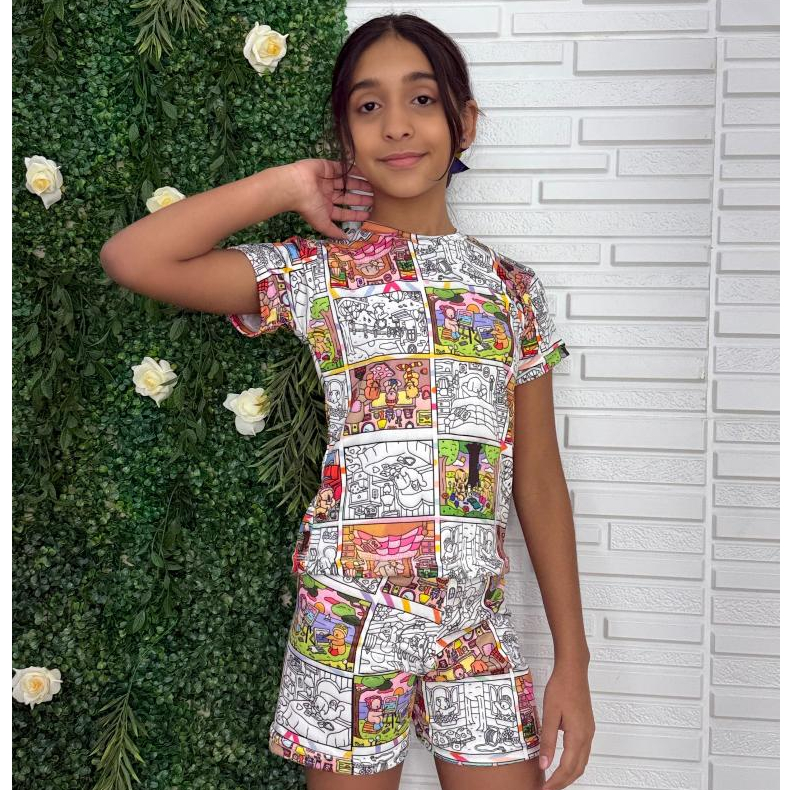 Pijama Para Dormir Camisa + Shortinho + Canetinha Suede Moda Intantil Menina e Menino Para Colorir