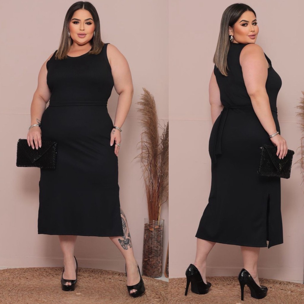 Vestido plus size midi Feminino com fenda canelado GG G1 G2