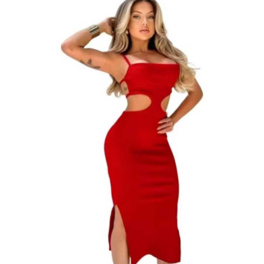 vestido midi femenino em ribana com decote nas costas e fenda lateral