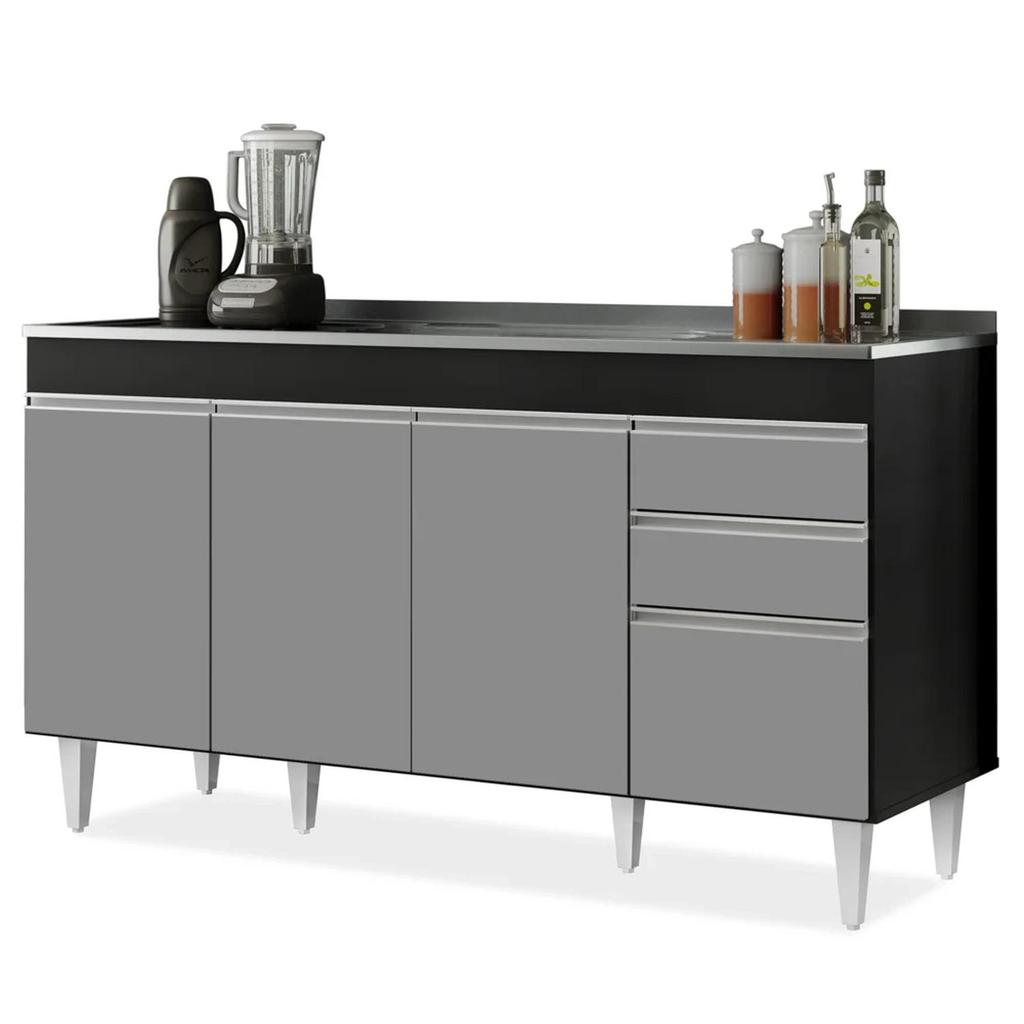 Balcão Gabinete com Pia Inox 150cm Marrocos Preto/Cinza - Lumil