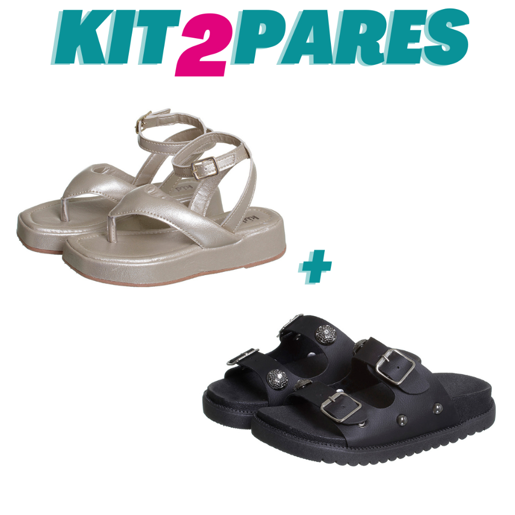 Kit 2 Pares Infantil Feminino Flat Dourada e Chinelo Fivela Preto Kidstep