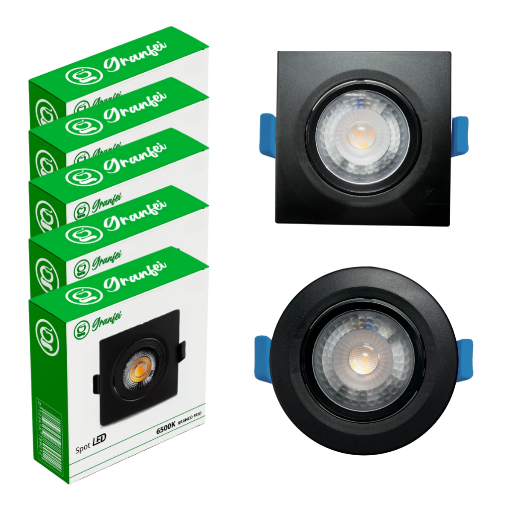 Kit 5 Luminárias Spot Led 7w Preto Embutir Direcionável Teto 6500K 3000K