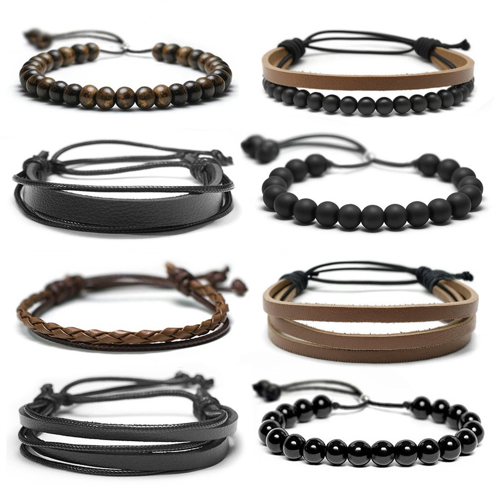 Pulseira Bracelete de Couro Masculina Feminina Pedra Bolinha Resistente Preta Marrom Ajustável