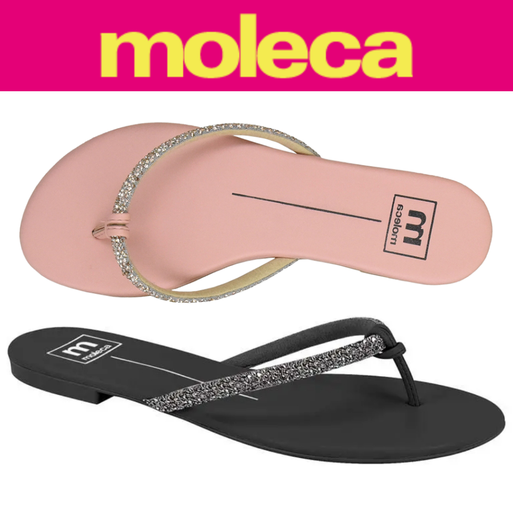 Sandália Rasteira Feminina Moleca Brilho Strass 5557103 Conforto Casual Elegante