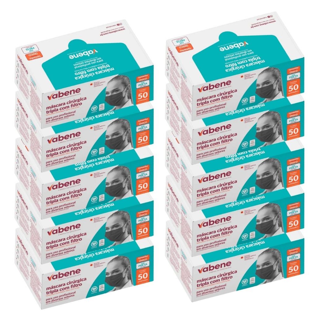 Kit 10 Caixas de Máscara Tripla Descartável Vabene Preta C/50 uni.
