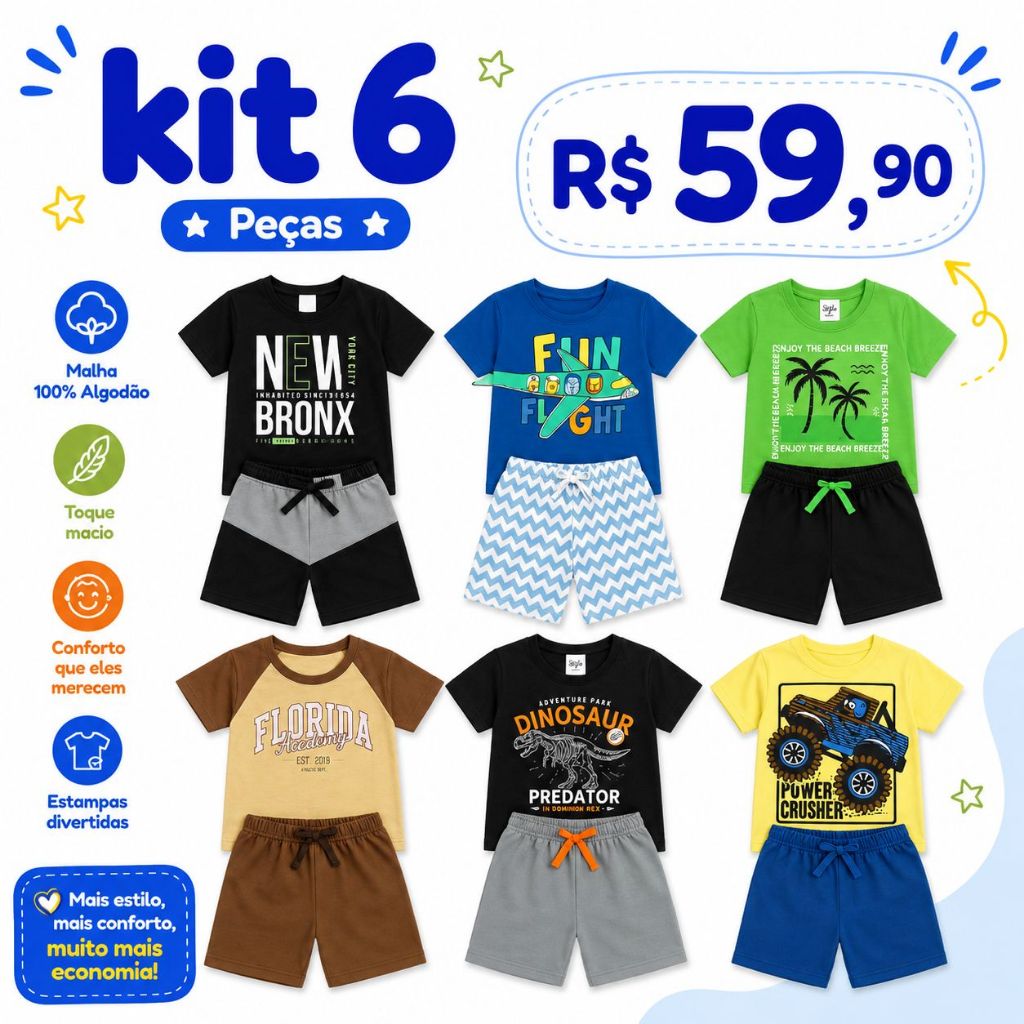 Kit 6 peças Infantil 3 Conjuntos Menino Verão Sortidos Algodão