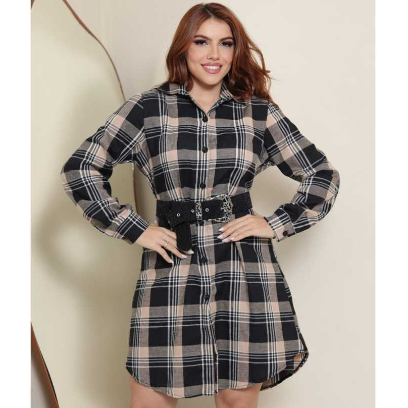 vestido camisão chemise flanelado xadrez com botões manga longa