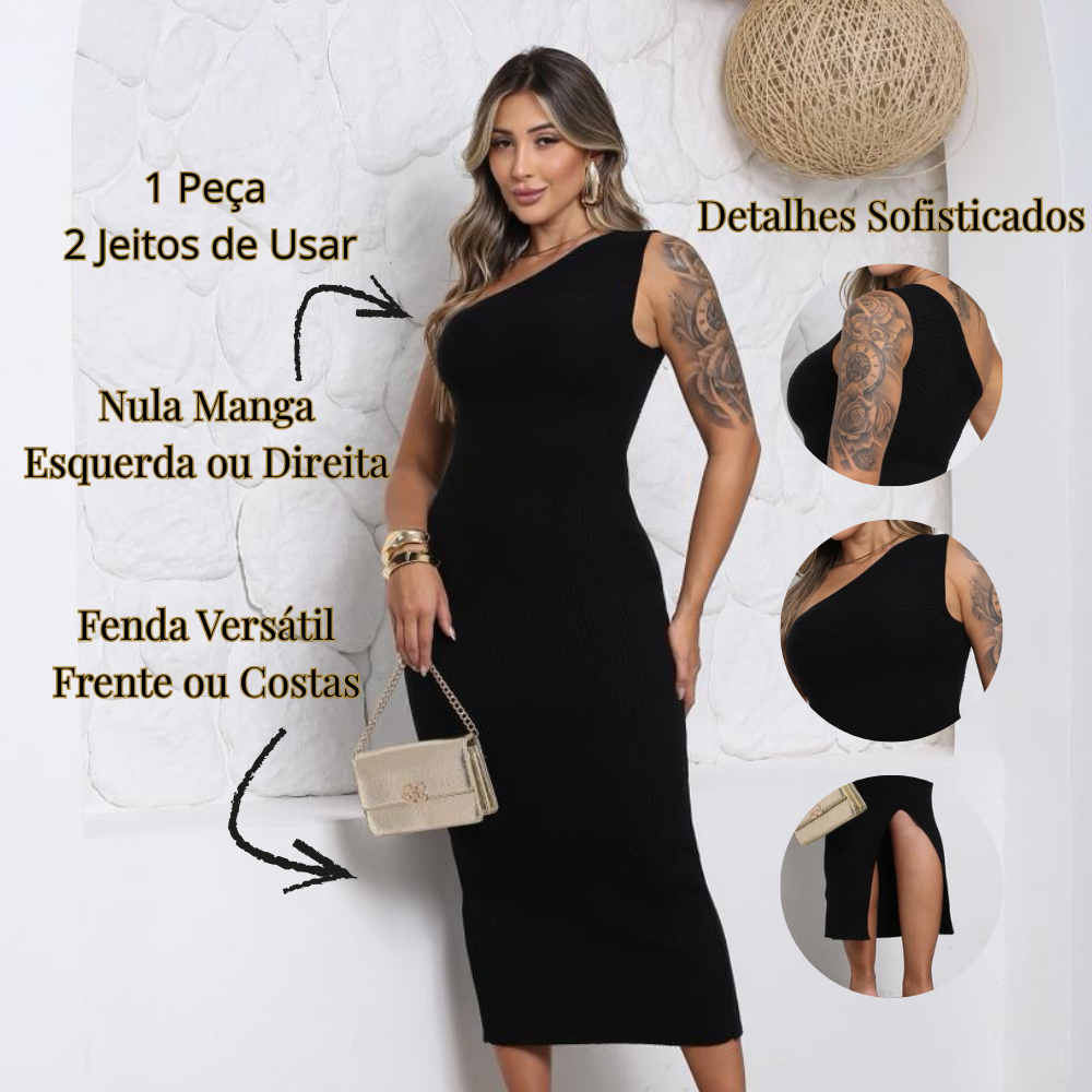 Vestido Feminino Midi Tricô Modal Alça Única Fenda Versátil Verão Festas Casamento Réveillon